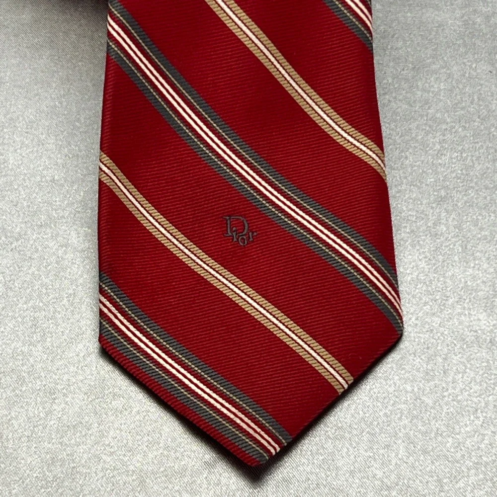 Christian Dior Mens Silk Tie Red Diagonal Stripe Embroidered Logo 54in Vintage